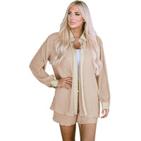 Apricot Pleated Long Sleeve Shirt and Shorts Lounge Set - XL