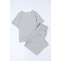 Gray Textured Loose Fit T Shirt and Drawstring Pants Set - M