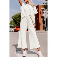Bright White Textured Loose Fit T Shirt and Drawstring Pants Set - M