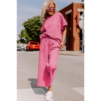 Strawberry Pink Textured Loose Fit T Shirt and Drawstring Pants Set - M