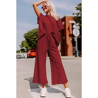 Red Dahlia Textured Loose Fit T Shirt and Drawstring Pants Set - L