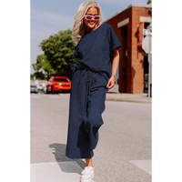 Navy Blue Textured Loose Fit T Shirt and Drawstring Pants Set - S