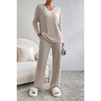 Khaki Ribbed Knit V Neck Slouchy Two-piece Outfit - S