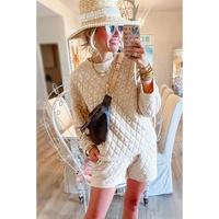 Beige Textured Long Sleeve Top Shorts Outfit - M