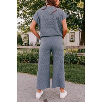 Real Teal Quilted Short Sleeve Wide Leg Pants Set - M
