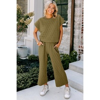 Sage Green Quilted Short Sleeve Wide Leg Pants Set - L