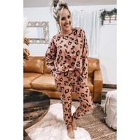 Pale Chestnut Leopard Long Sleeve Top and Drawstring Pants Set - M