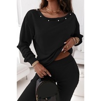 Black Beaded Decor Pullover and Jogger Pants Set - S