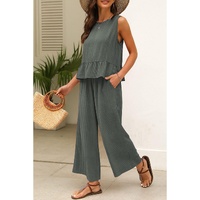 Duffel Green Solid Color Ribbed Ruffle Tank Top and Pants Set - L