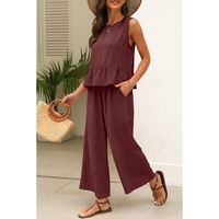 Red Dahlia Solid Color Ribbed Ruffle Tank Top and Pants Set - L