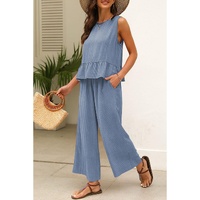 Beau Blue Solid Color Ribbed Ruffle Tank Top and Pants Set - M