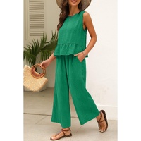 Green Solid Color Ribbed Ruffle Tank Top and Pants Set - M