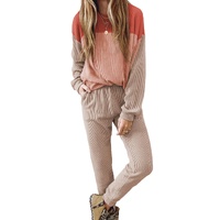 Fiery Red Corded 2pcs Colorblock Pullover and Pants Outfit - XL