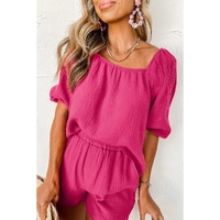 Bright Pink Crinkled Textured Square Neck Puff Sleeve and Shorts Set - L