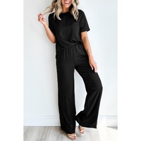 Black Solid Color T Shirt 2pcs Wide Leg Pants Set - S