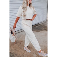 White Lattice Textured Cropped Tee and Jogger Pants Set - L