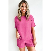 Rose Red Casual Textured Tee and Drawstring Shorts Set - S