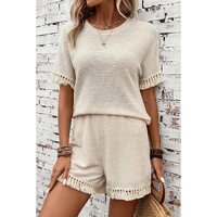 Beige Fringe Trim Textured Short Two Piece Set - XL