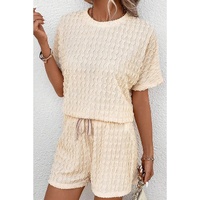 Beige Frill Textured Short Sleeve Top and Drawstring Shorts Set - M