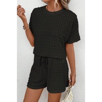 Black Frill Textured Short Sleeve Top and Drawstring Shorts Set - L