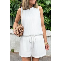 Beige Textured Knit Tank Top and Drawstring Shorts Set - L