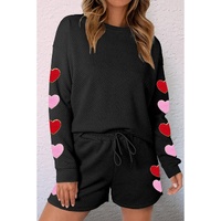 Black Heart Patch Long Sleeve Top and Shorts Textured 2pcs Set - XL