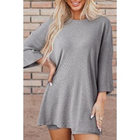Light Grey Solid Color Loose Tunic Top and Slim Shorts Set - S