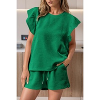 Bright Green Textured Ruffled Sleeve Tee and Drawstring Shorts Set - XL