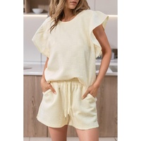 Apricot Textured Ruffled Sleeve Tee and Drawstring Shorts Set - L
