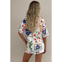 Pink Ricrac Trim Floral Short Sleeve Shirt and Shorts Outfit - XL