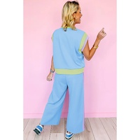 Sky Blue Color Block Detail Casual Two-piece Outfit - M
