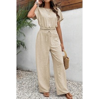Beige Crinkled Elastic Hem Crop Tee and Wide Leg Pants Set - L