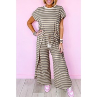 Black Stripe Rainbow Tee Tasseled String Wide Leg Pants Set - 2XL