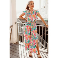 Floral Ruffled Sleeve Top Smocked Wide Leg Pants Set - M