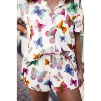 Multicolour Butterfly Pattern Short Sleeve Shirt Pajamas Set - XL