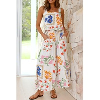 White Colorful Printed Square Neck Tank and Wide Leg Pants Set - XL