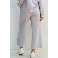 Light Grey Solid Textured Collared V Neck Top and Wide Leg Pants Set - L