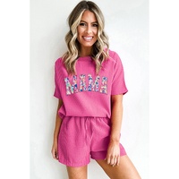 Rose Red MAMA Embroidered Leopard Letters Waffle Short Set - XL