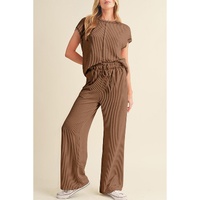 Coffee Solid Color Corded Short Sleeve Top and Casual Pants Set - M