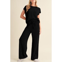 Black Solid Color Corded Short Sleeve Top and Casual Pants Set - 2XL