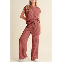 Mineral Red Solid Color Corded Short Sleeve Top and Casual Pants Set - S