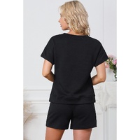 Black Trendy Texture Sequin Baseball Graphic Short 2pcs Set - XL