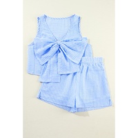 Sky Blue Stripe V Neck Bowknot Crop Tank and Shorts Set - XL