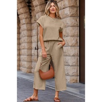 Parchment Solid Color Textured Short Sleeve Top and Casual Pants Set - L