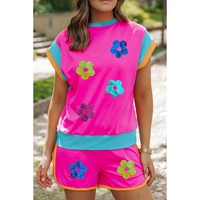 Rose Red Sequined Flower Graphic Colorblock 2 Piece Shorts Set - XL