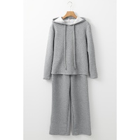 Gray Solid Color Drawstring Hoodie and Wide Leg Pants Set - S