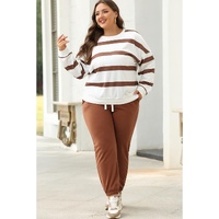 Brown Stripe Striped Drop Shoulder Pullover and Jogger Pants Set - M