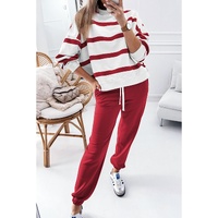 Red Stripe Drop Shoulder Pullover and Jogger Pants Set - XL