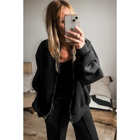 Black Solid Seamed Zipper Jacket and Drawstring Waist Pants Set - L
