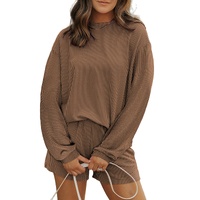 Chestnut Corded Knit Long Sleeve Top and High Waist Shorts Set - XL